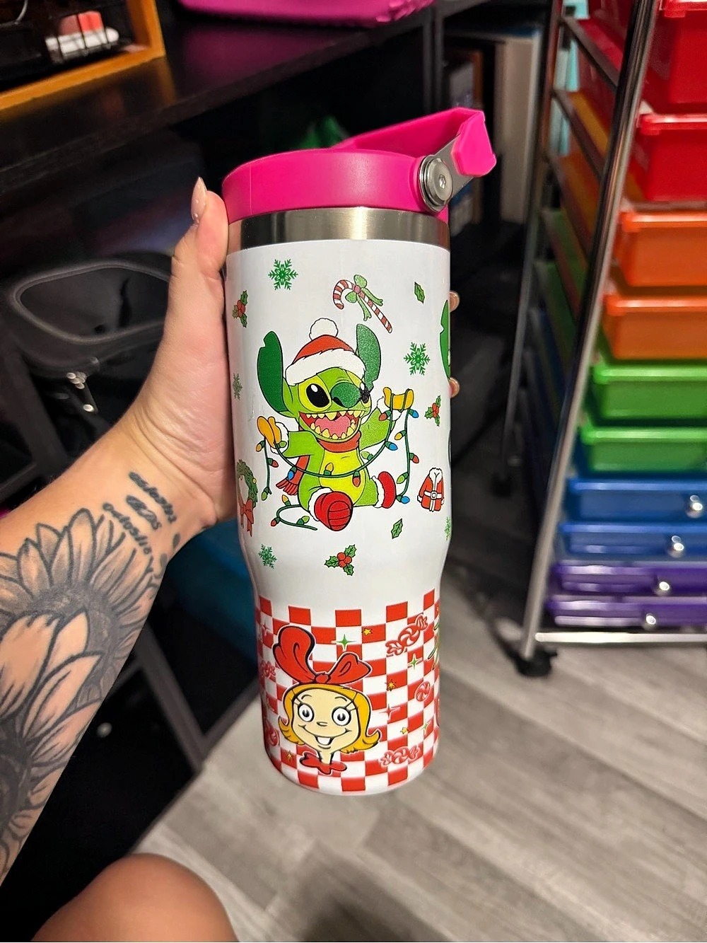 Grinch Christmas Water Bottle in White & Pink